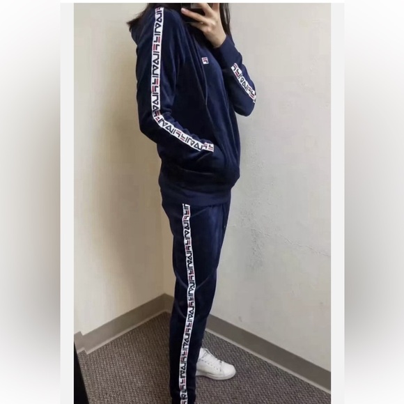 Fila Pants - FILA Sz L UNISEX Dark Blue VELOUR and Red/White stripe detail Apparel